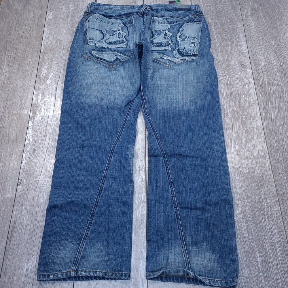 Artful Dodger Jeans Mens 38 Blue Skull Embroidery Distressed Wide Leg Streetwear